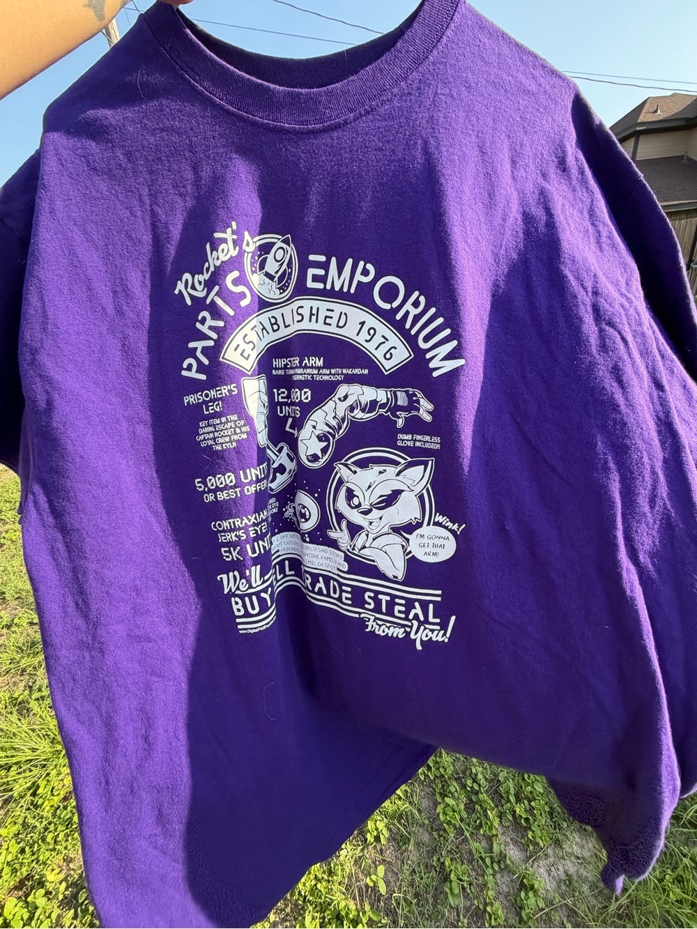 Guardians of the Galaxy Rocket raccoon parts emporium purple graphic unisex tee